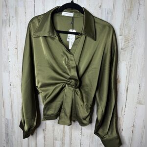 Commense Army Green Satin Twist-Front Long Sleeve